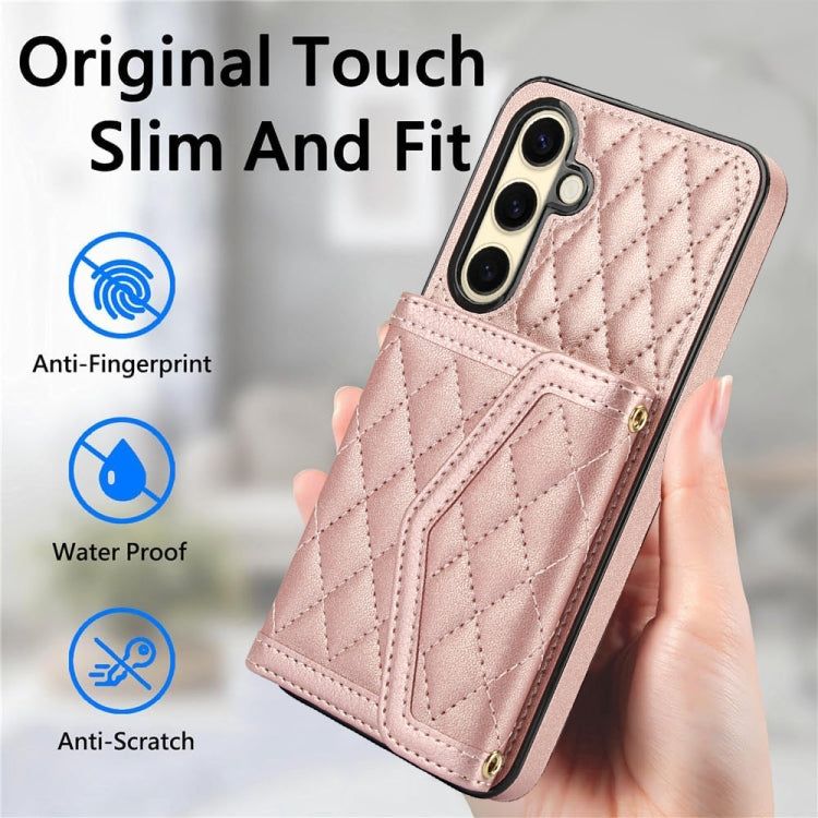 For Samsung Galaxy S24 FE 5G Splicing Rhombic Texture Card Bag Phone Case with Long Lanyard