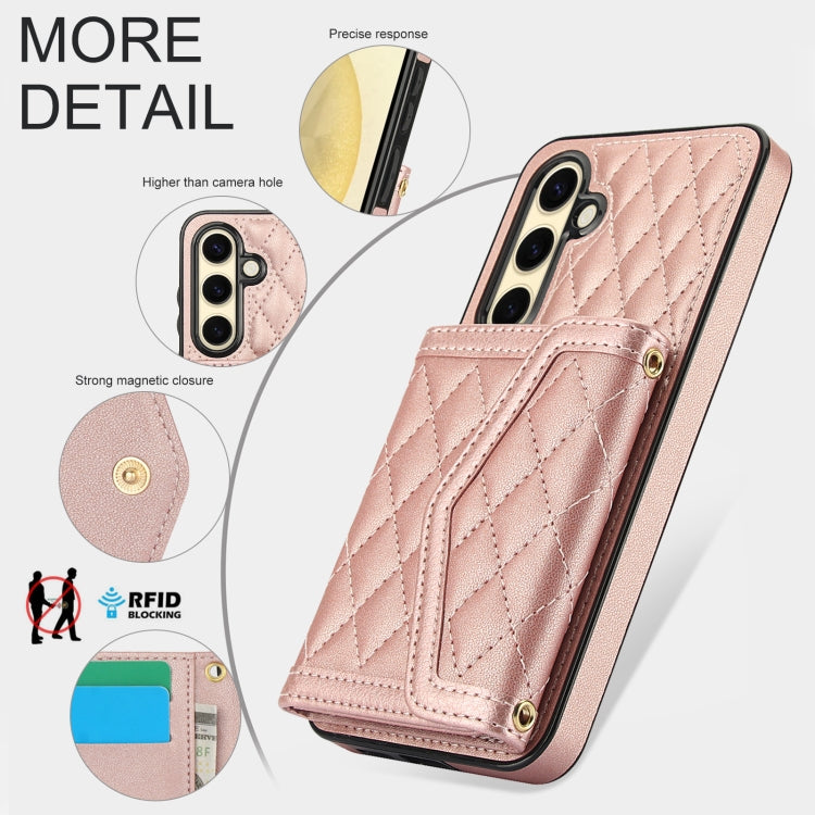 For Samsung Galaxy S24 FE 5G Splicing Rhombic Texture Card Bag Phone Case with Long Lanyard
