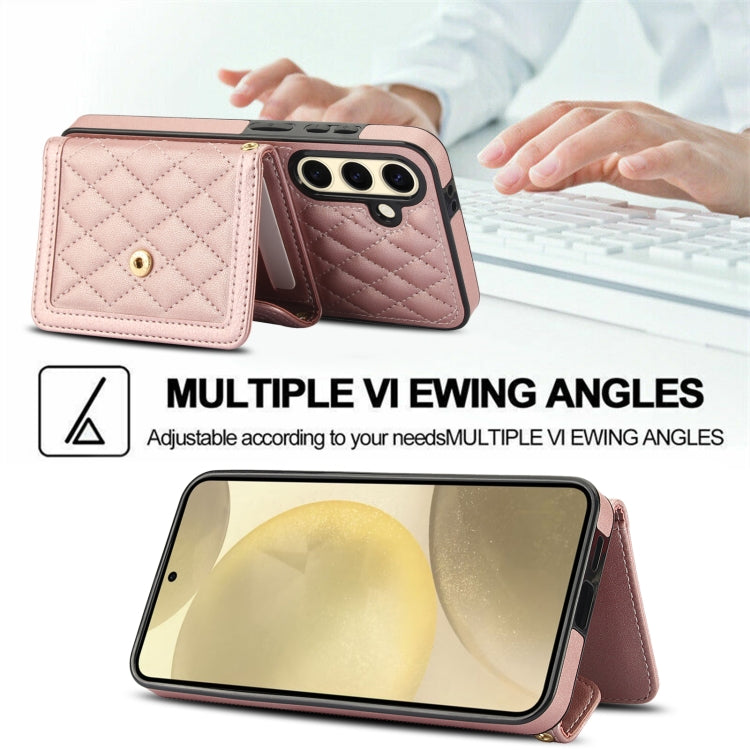For Samsung Galaxy S24 FE 5G Splicing Rhombic Texture Card Bag Phone Case with Long Lanyard