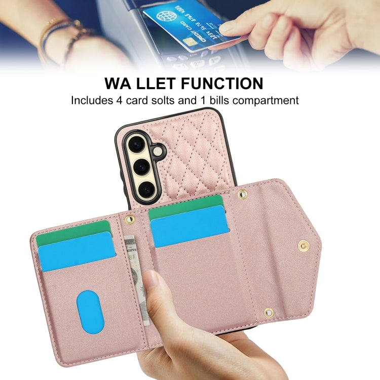 For Samsung Galaxy S24 FE 5G Splicing Rhombic Texture Card Bag Phone Case with Long Lanyard