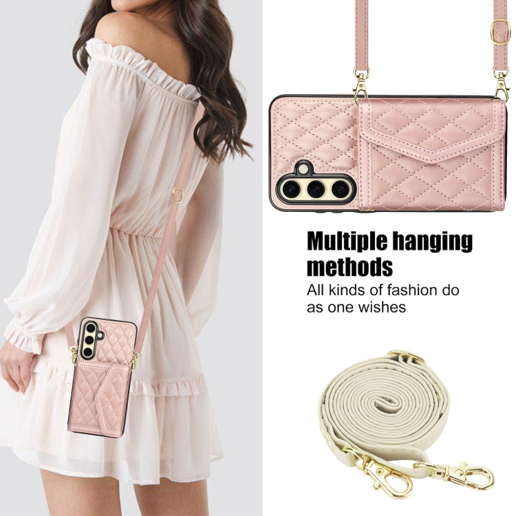 For Samsung Galaxy S24 FE 5G Splicing Rhombic Texture Card Bag Phone Case with Long Lanyard