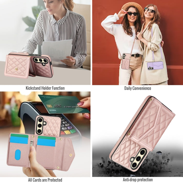 For Samsung Galaxy S24 FE 5G Splicing Rhombic Texture Card Bag Phone Case with Long Lanyard