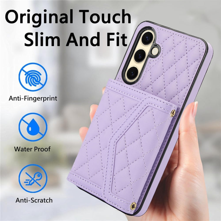 For Samsung Galaxy S24 FE 5G Splicing Rhombic Texture Card Bag Phone Case with Long Lanyard