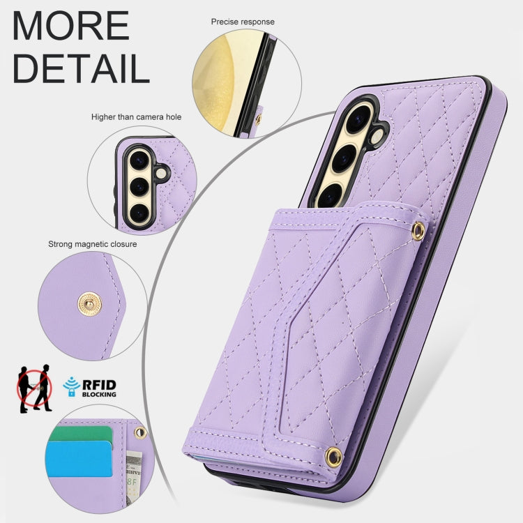 For Samsung Galaxy S24 FE 5G Splicing Rhombic Texture Card Bag Phone Case with Long Lanyard