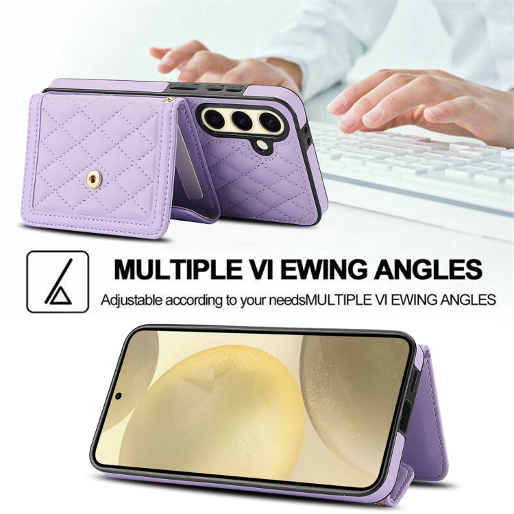 For Samsung Galaxy S24 FE 5G Splicing Rhombic Texture Card Bag Phone Case with Long Lanyard