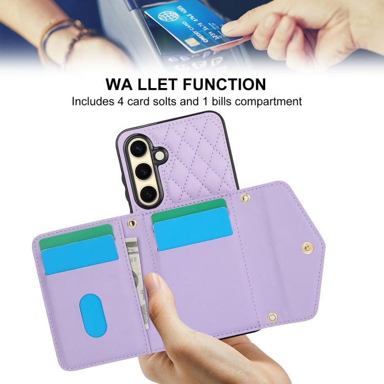 For Samsung Galaxy S24 FE 5G Splicing Rhombic Texture Card Bag Phone Case with Long Lanyard
