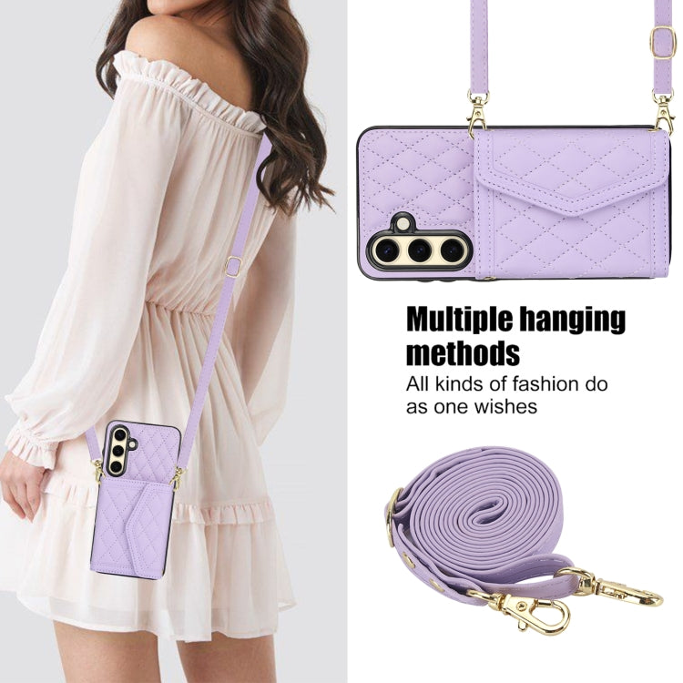 For Samsung Galaxy S24 FE 5G Splicing Rhombic Texture Card Bag Phone Case with Long Lanyard