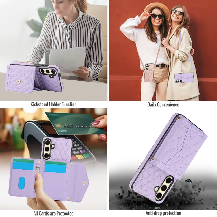 For Samsung Galaxy S24 FE 5G Splicing Rhombic Texture Card Bag Phone Case with Long Lanyard