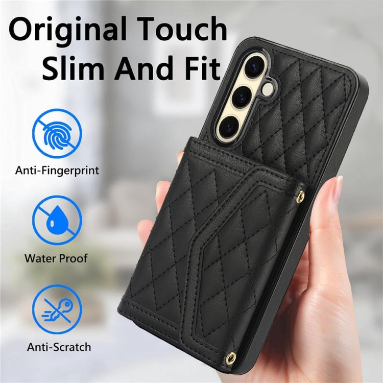 For Samsung Galaxy S24 FE 5G Splicing Rhombic Texture Card Bag Phone Case with Long Lanyard