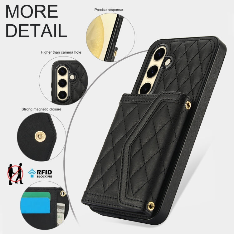 For Samsung Galaxy S24 FE 5G Splicing Rhombic Texture Card Bag Phone Case with Long Lanyard