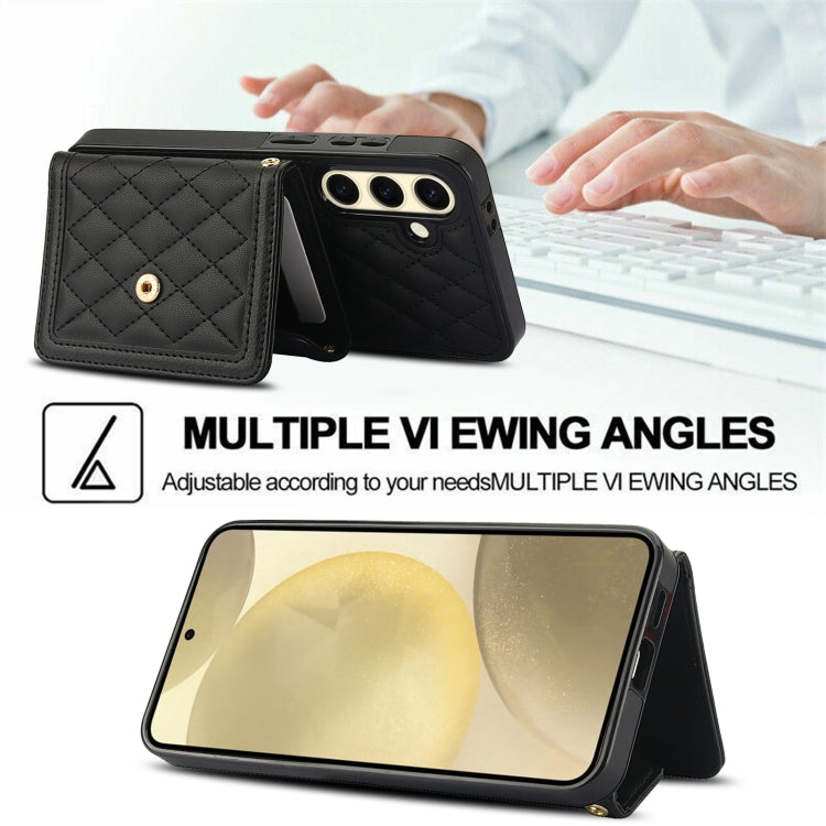 For Samsung Galaxy S24 FE 5G Splicing Rhombic Texture Card Bag Phone Case with Long Lanyard