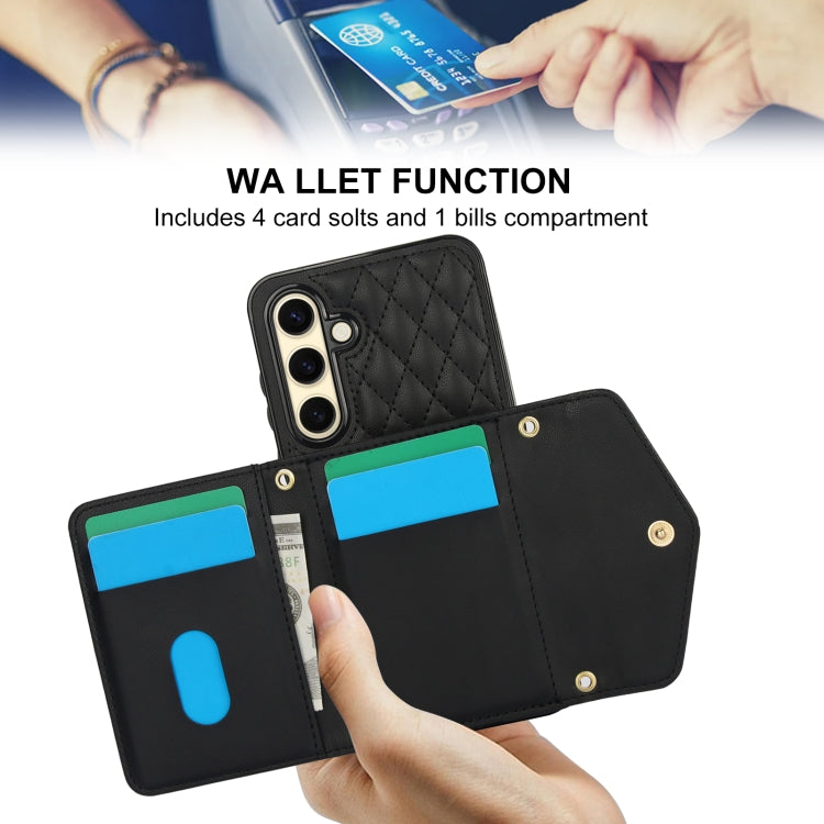 For Samsung Galaxy S24 FE 5G Splicing Rhombic Texture Card Bag Phone Case with Long Lanyard