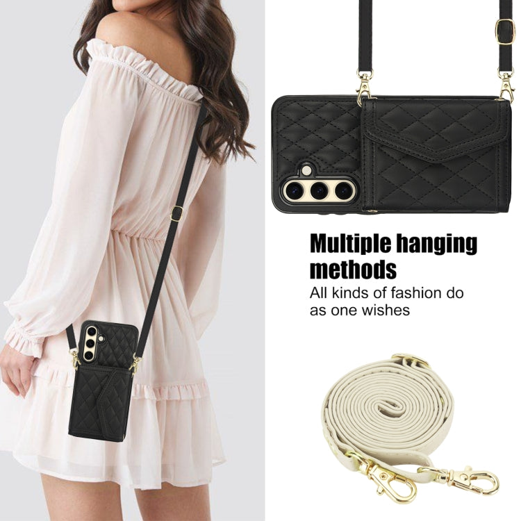 For Samsung Galaxy S24 FE 5G Splicing Rhombic Texture Card Bag Phone Case with Long Lanyard
