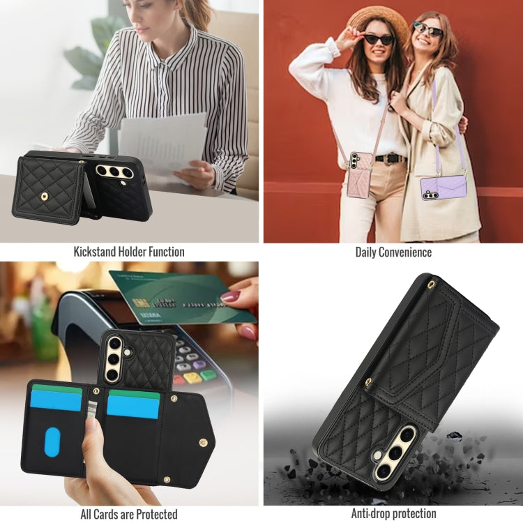 For Samsung Galaxy S24 FE 5G Splicing Rhombic Texture Card Bag Phone Case with Long Lanyard
