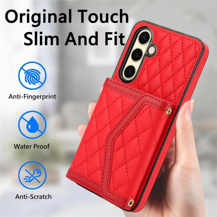 For Samsung Galaxy S24 FE 5G Splicing Rhombic Texture Card Bag Phone Case with Long Lanyard
