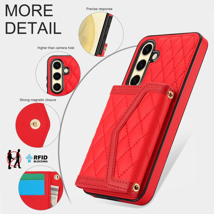 For Samsung Galaxy S24 FE 5G Splicing Rhombic Texture Card Bag Phone Case with Long Lanyard