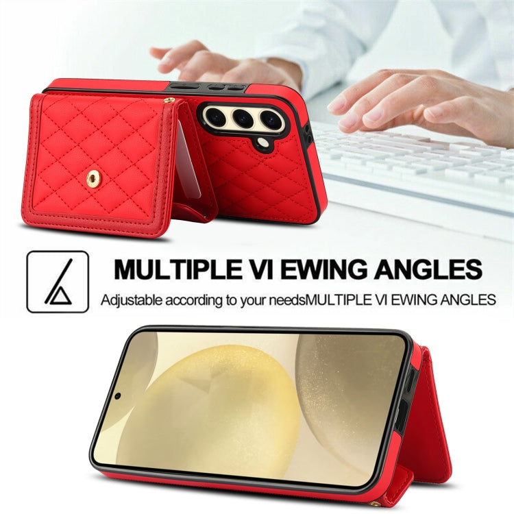 For Samsung Galaxy S24 FE 5G Splicing Rhombic Texture Card Bag Phone Case with Long Lanyard