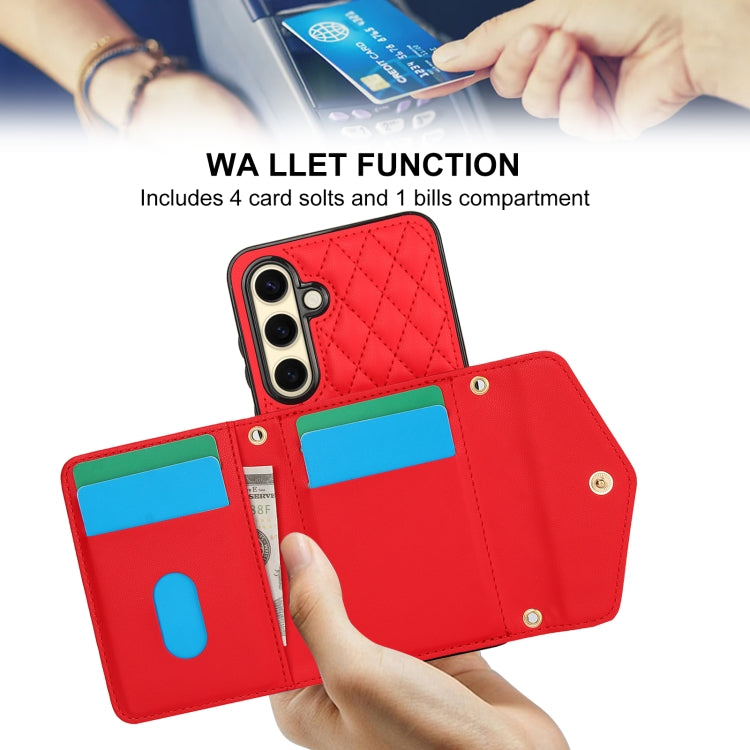 For Samsung Galaxy S24 FE 5G Splicing Rhombic Texture Card Bag Phone Case with Long Lanyard