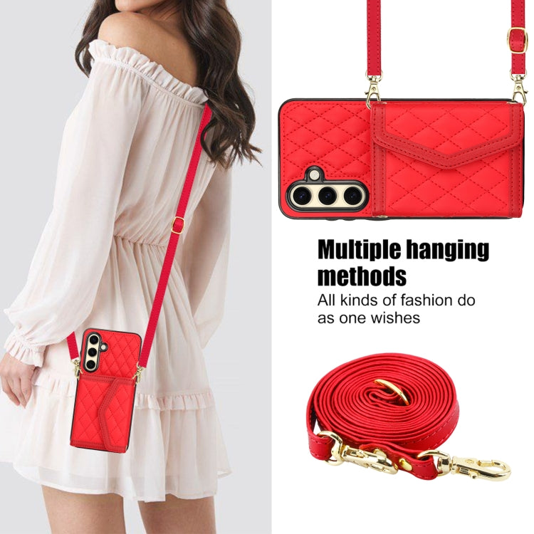 For Samsung Galaxy S24 FE 5G Splicing Rhombic Texture Card Bag Phone Case with Long Lanyard