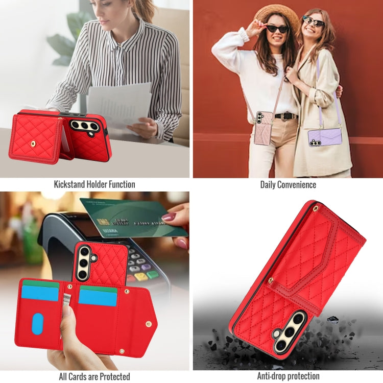 For Samsung Galaxy S24 FE 5G Splicing Rhombic Texture Card Bag Phone Case with Long Lanyard