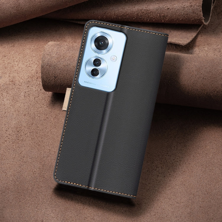 For OPPO Reno11 F 5G Color Matching RFID Anti-theft Leather Phone Case