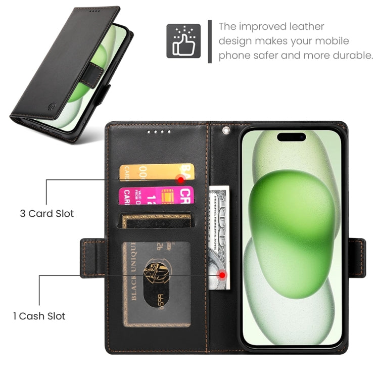 For iPhone 15 Plus Side Buckle Magnetic Frosted Leather Phone Case