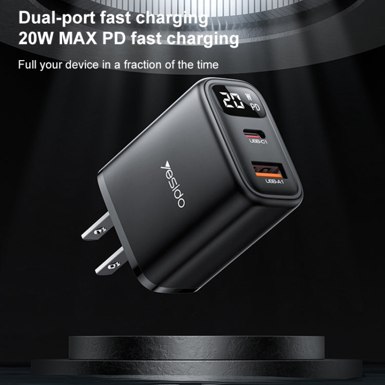 Yesido YC12U 20W USB-C / Type-C + USB Digital Display Charger, Specification:US Plug - Black