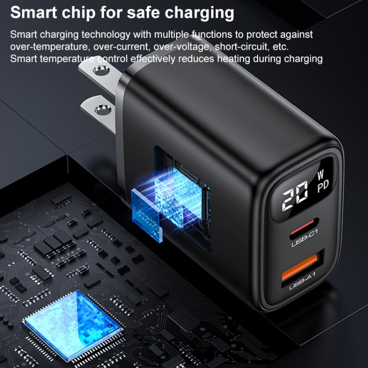 Yesido YC12U 20W USB-C / Type-C + USB Digital Display Charger, Specification:US Plug - Black