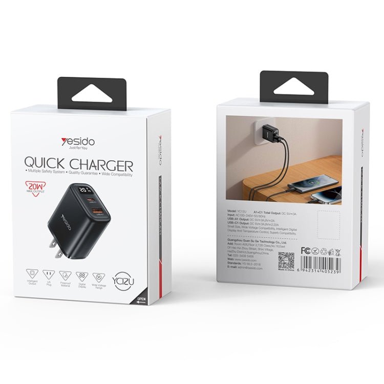 Yesido YC12U 20W USB-C / Type-C + USB Digital Display Charger, Specification:US Plug - Black