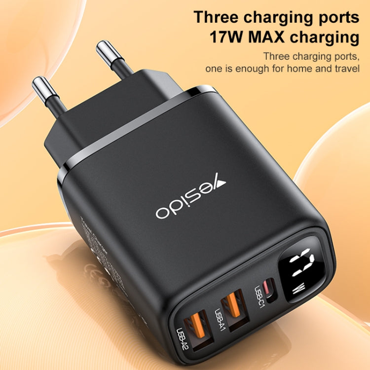 Yesido YC67 17W USB / Type-C + Dual USB Digital Display Charger, Specification:EU Plug - Black
