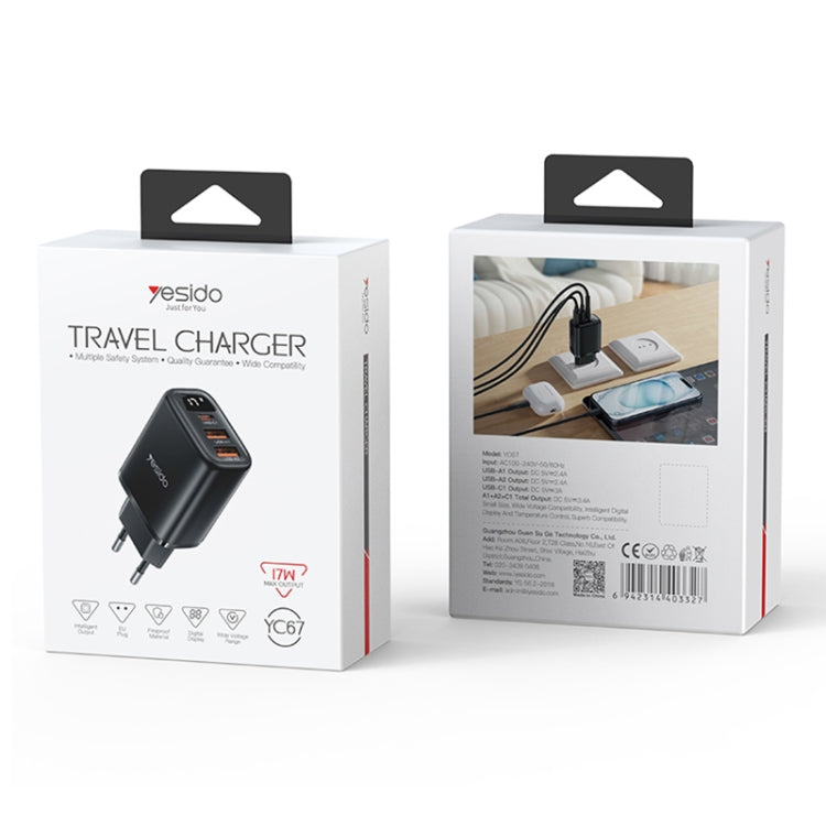 Yesido YC67 17W USB / Type-C + Dual USB Digital Display Charger, Specification:EU Plug - Black