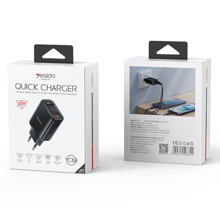 Yesido YC68 20W USB-C / Type-C + USB Digital Display Charger, Specification:EU Plug - Black