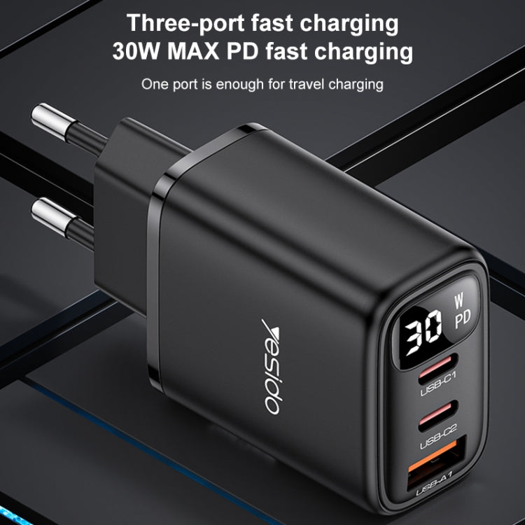 Yesido YC69 30W USB + Dual USB-C / Type-C Digital Display Charger, Specification:EU Plug - Black