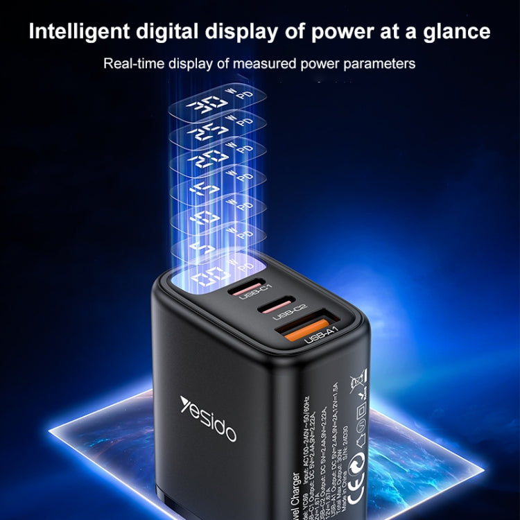 Yesido YC69 30W USB + Dual USB-C / Type-C Digital Display Charger, Specification:EU Plug - Black