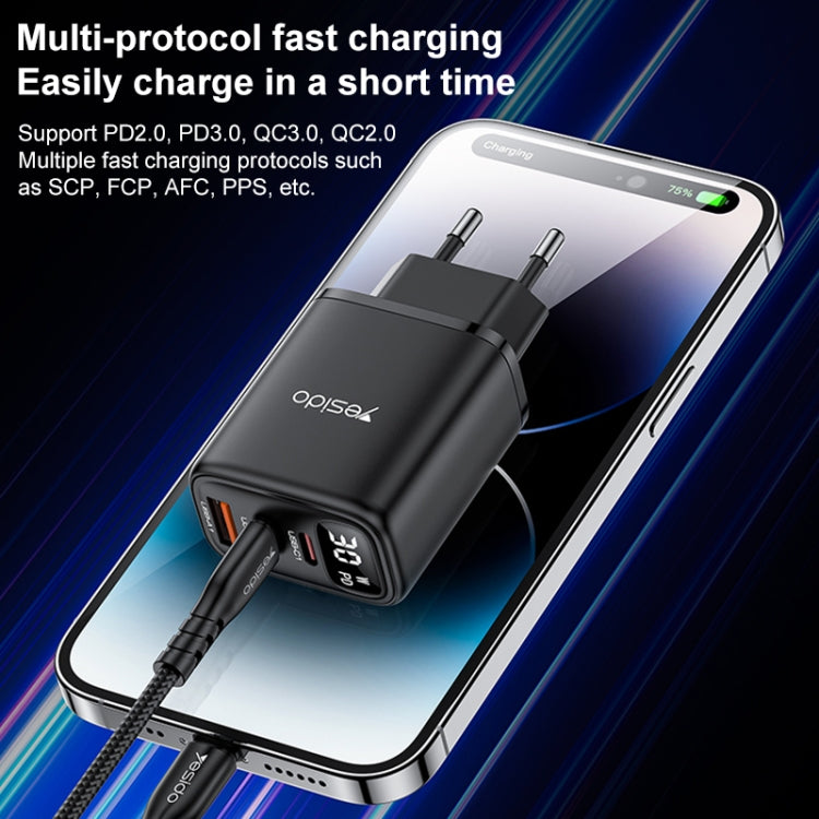 Yesido YC69 30W USB + Dual USB-C / Type-C Digital Display Charger, Specification:EU Plug - Black