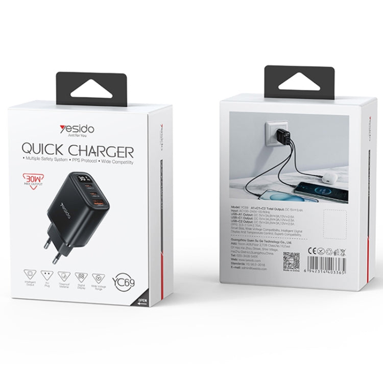 Yesido YC69 30W USB + Dual USB-C / Type-C Digital Display Charger, Specification:EU Plug - Black