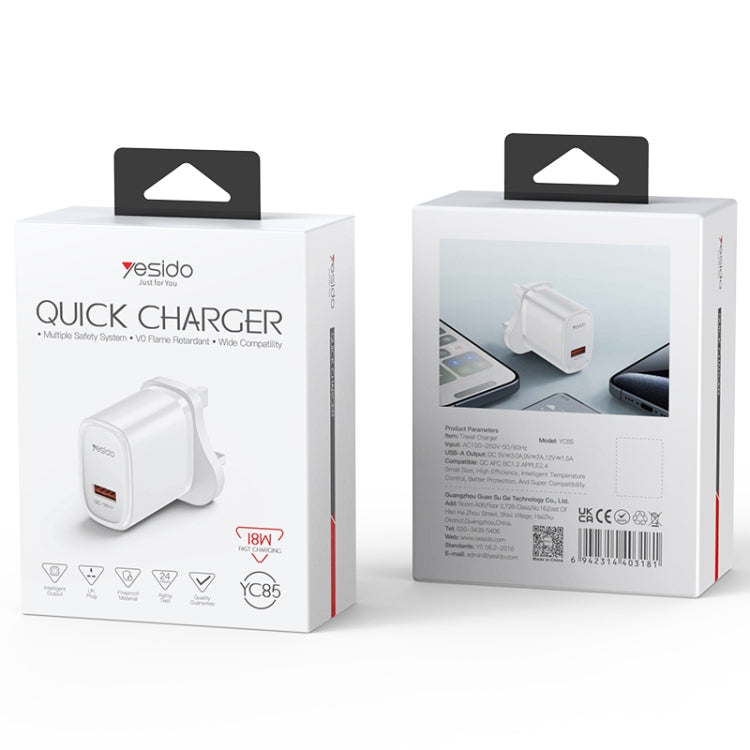 Yesido YC85 PD 18W USB Fast Charger, Specification:UK Plug - White