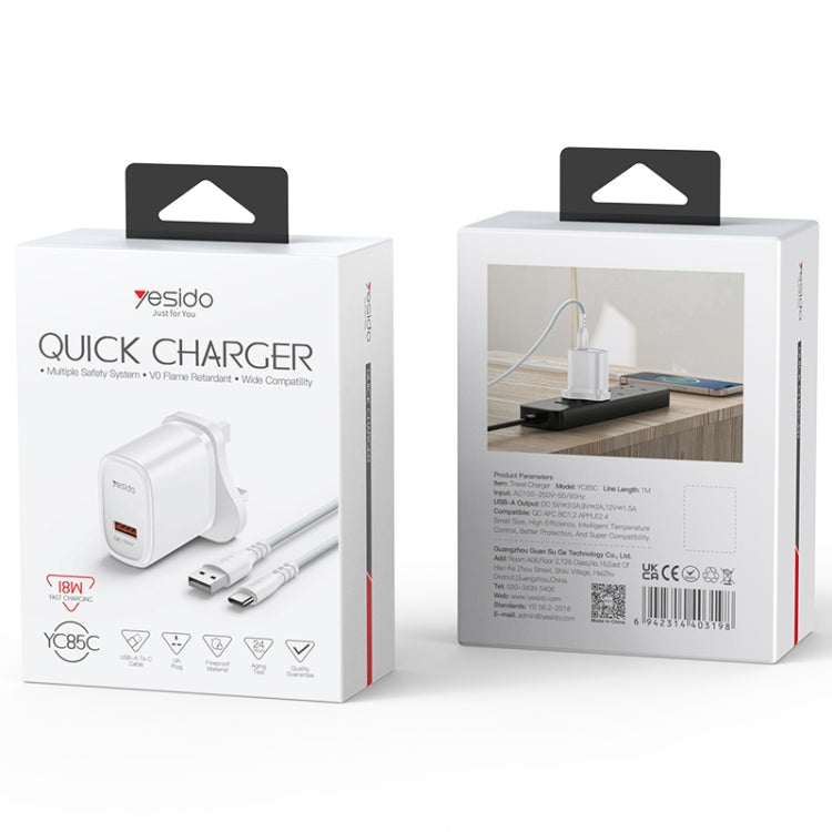 Yesido YC85C 18W USB Fast Charger with USB to USB-C / Type-C Cable, Specification:UK Plug - White