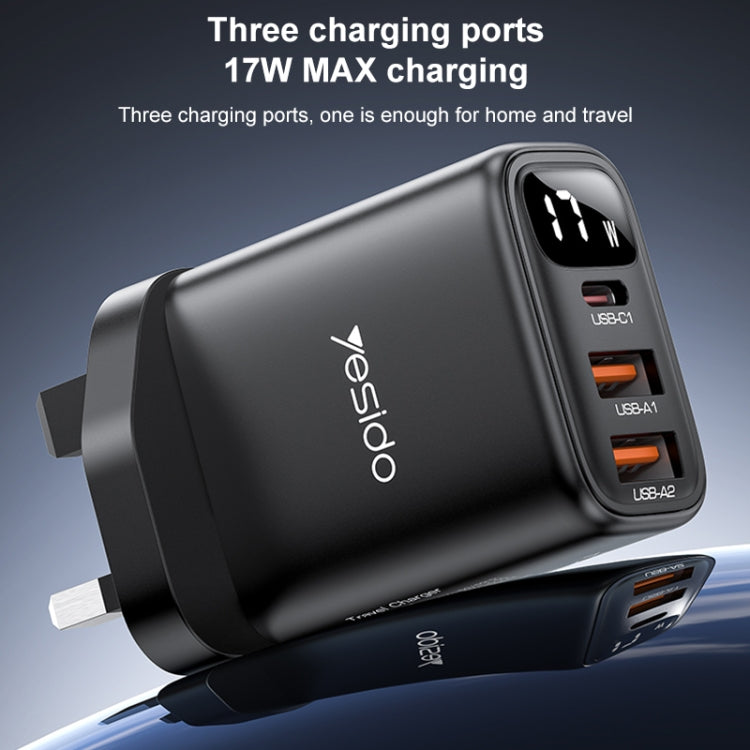 Yesido YC86 17W USB-C / Type-C + Dual USB Digital Display Charger, Specification:UK Plug - Black