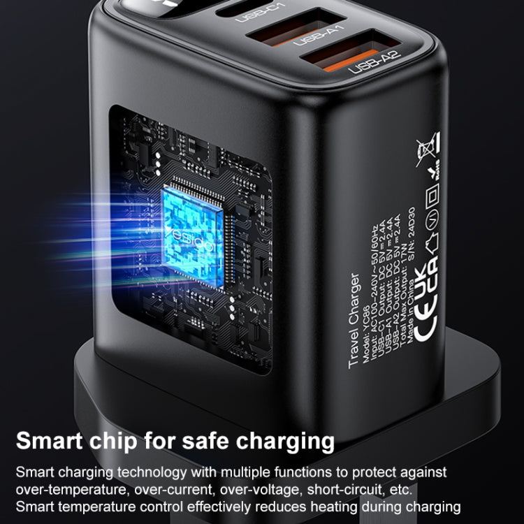 Yesido YC86 17W USB-C / Type-C + Dual USB Digital Display Charger, Specification:UK Plug - Black