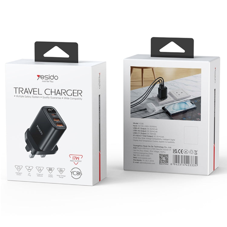 Yesido YC86 17W USB-C / Type-C + Dual USB Digital Display Charger, Specification:UK Plug - Black
