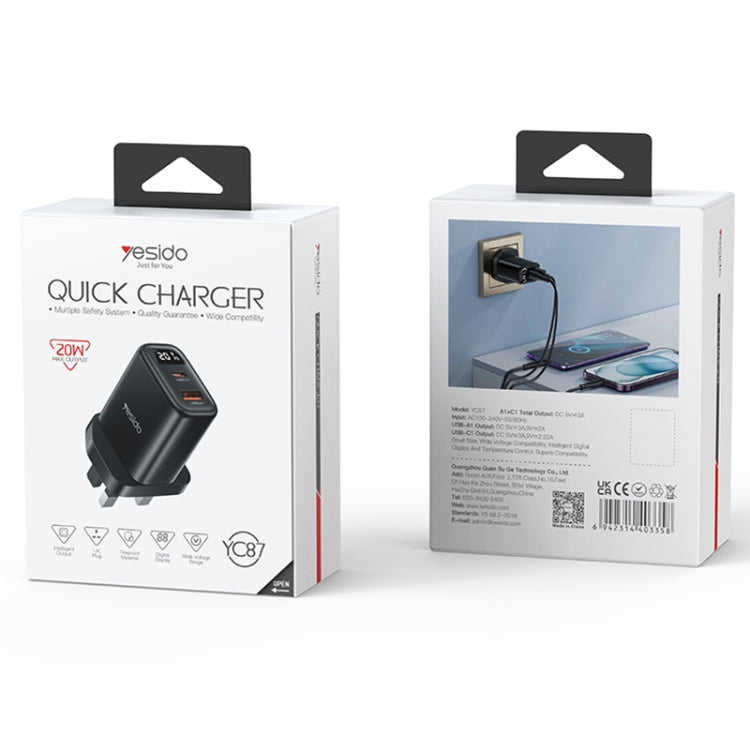 Yesido YC87 PD 20W USB-C / Type-C + USB Digital Display Charger, Specification:UK Plug - Black