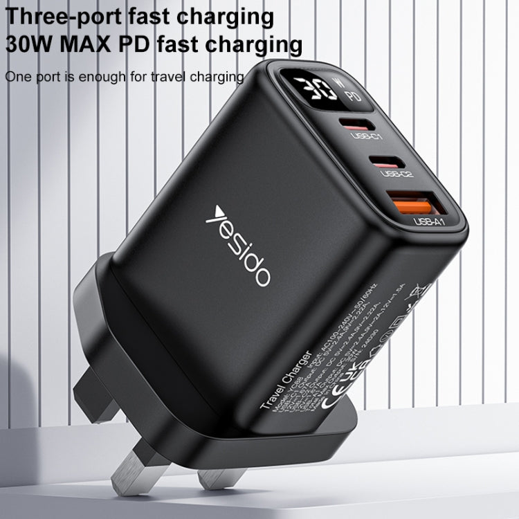 Yesido YC88 30W USB + Dual USB-C / Type-C Digital Display Charger, Specification:UK Plug - Black