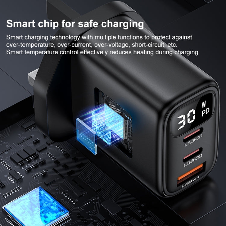 Yesido YC88 30W USB + Dual USB-C / Type-C Digital Display Charger, Specification:UK Plug - Black