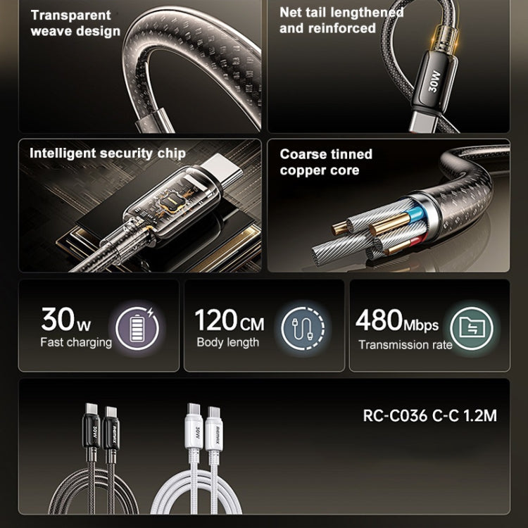 REMAX RC-C036 1.2m 30W Type-C to Type-C Transparent Braided Fast Charging Cable