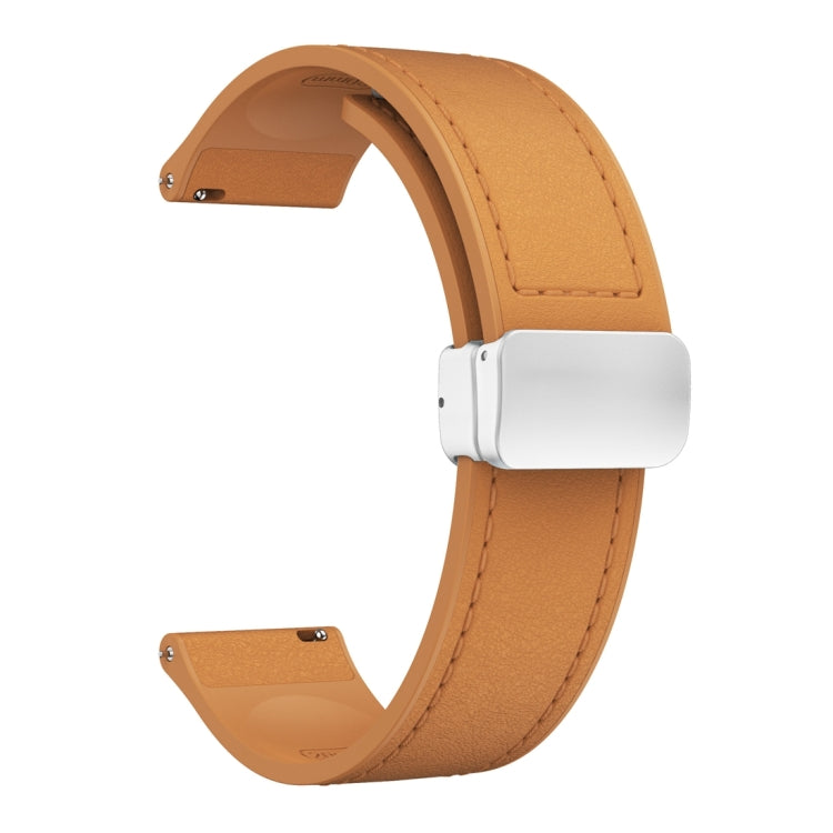 20mm Magnetic Silver Buckle Silicone Leather Watch Band - Light Brown