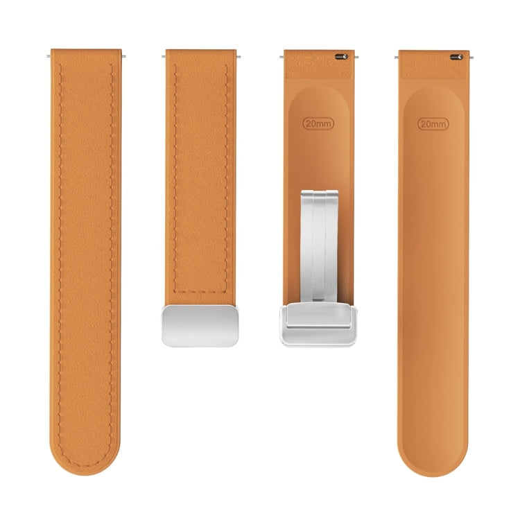 20mm Magnetic Silver Buckle Silicone Leather Watch Band - Light Brown