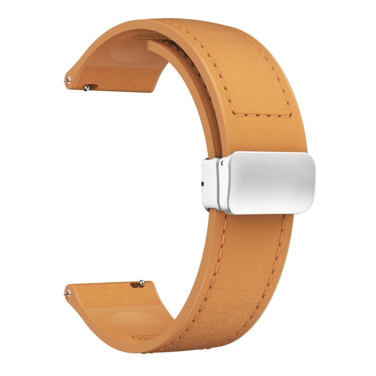 22mm Magnetic Silver Buckle Silicone Leather Watch Band - Light Brown