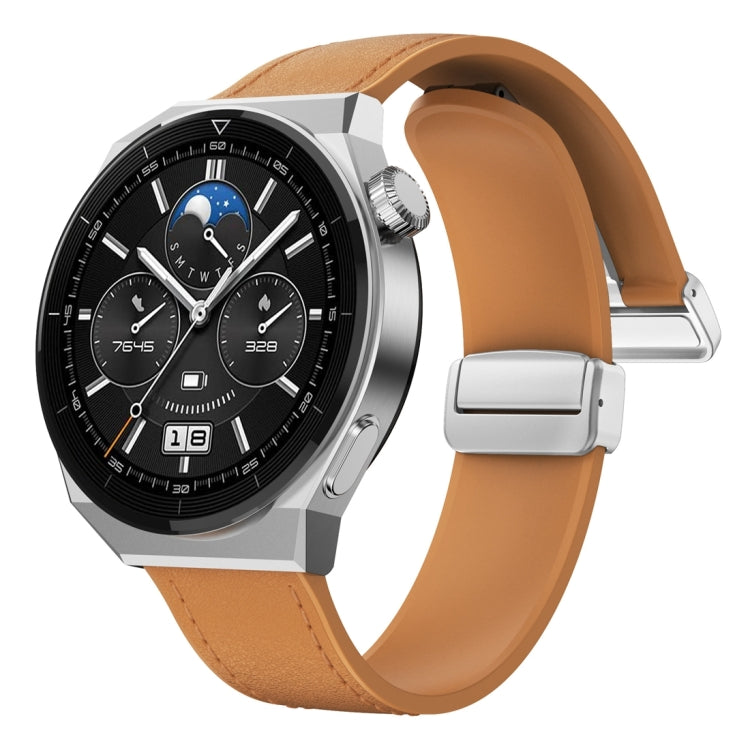 22mm Magnetic Silver Buckle Silicone Leather Watch Band - Light Brown
