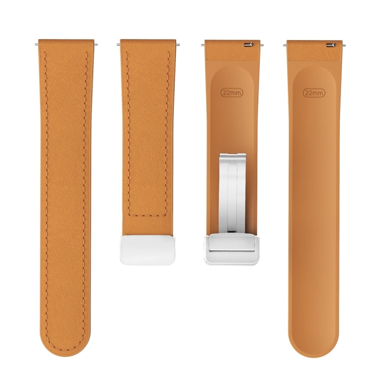 22mm Magnetic Silver Buckle Silicone Leather Watch Band - Light Brown